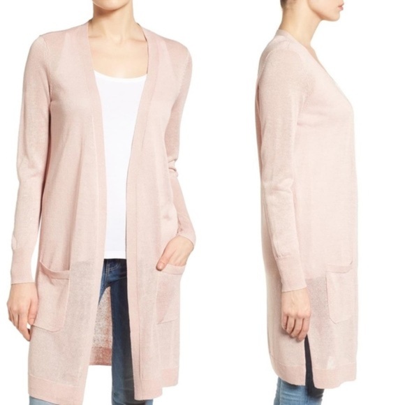 Halogen Sweaters - Halogen long linen blend open front cardigan pink